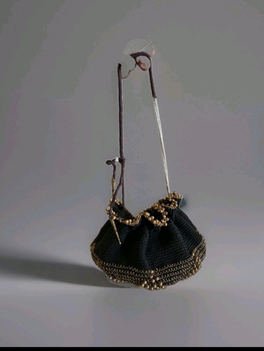 Vintage Crochet Drawstring Beaded Bag Vintage Hard Shell Novelty Pouch Bag